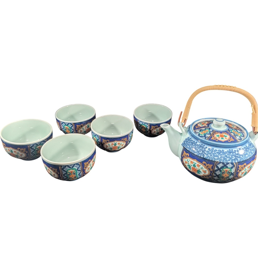 Japanese Kichihō / Yoshimine saku Imari Porcelain Tea Set 6pc Teapot 5 Cups Blue